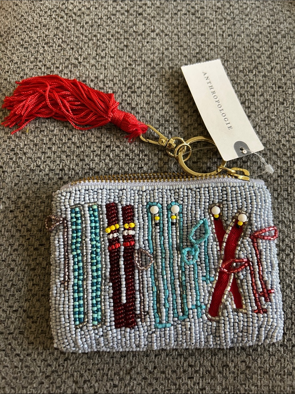 Anthropologie Beaded Tassel Key Pouch - Red & Light Blue